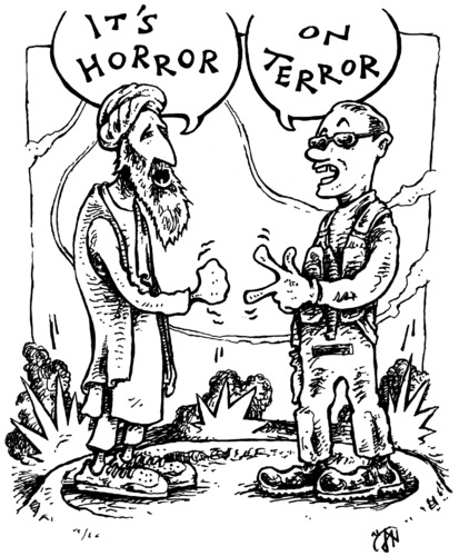 Cartoon: horror on terror (medium) by JP tagged afghanistan,luftangriff,nato,kollateralschaden,weichziele,krieg,terrorismus,terroristen