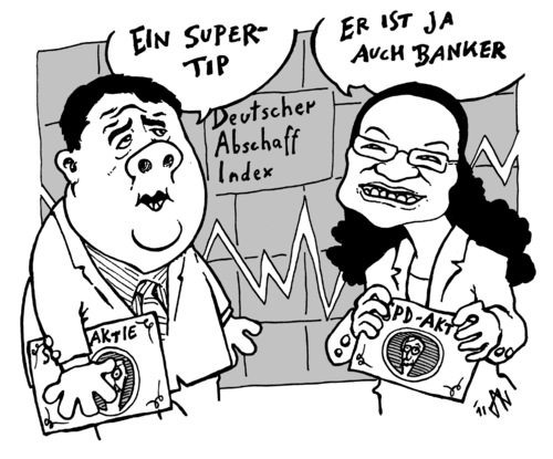 Cartoon: spd-ag (medium) by JP tagged spd,sarrazin,gabriel,nahles,aktie,kurs,leitkultur,spd,sarrazin,nahles,gabriel,aktie,kurs,leitkultur