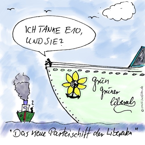 Cartoon: Ich tanke E10 und Sie? (medium) by smolli tagged fdp,liberale,e10,treibstoff,tanken,schiffe