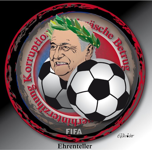 Cartoon: FIFA Ehrenteller (medium) by ESchröder tagged fifa,sepp,blatter,wiederwahl,korruption,geldwäsche,bestechung,anklage