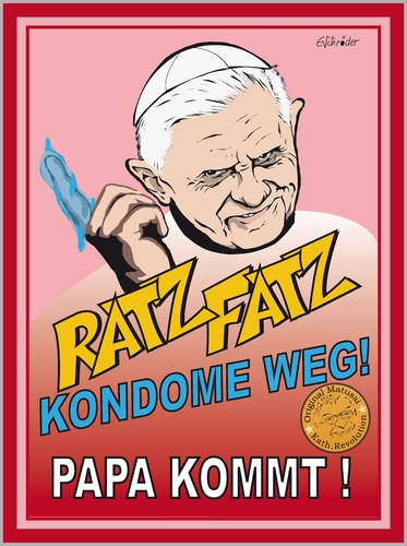 Cartoon: Ratz Fatz (medium) by ESchröder tagged papstbesuch,papst,deutschland,ratzinger,benedikt,katholisch,katholizismus,verhütung,kondom,kondomverbot,gottesdienst,messe,dom,heiligkeit,heilig,selig,matussek