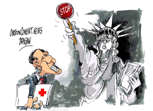 Cartoon: Barack Obama STOP (medium) by Dragan tagged barack,obama,stop,estados,unidos,reformas,sanidad,republikanos,demokratas,politics,cartoon