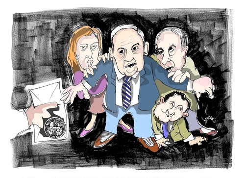 Cartoon: Benjamin Netanyahu (medium) by Dragan tagged benjamin,netanyahu,ehud,olmert,tzipi,livni,barak,corte,internacional,de,la,haya,politics,israel