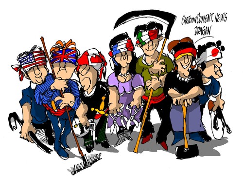 Cartoon: G7-EU abierta y comprometida (medium) by Dragan tagged g7,union,europea,estados,unidos,eeuu,reino,unido,canada,alemania,francia,italia,japon,libre,comercio,politics,cartoon