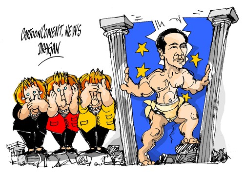 Cartoon: Merkel-Tsipras-Hercules (medium) by Dragan tagged angela,merkel,alexis,tsipras,hercules,alemania,grecia,politics,cartoon