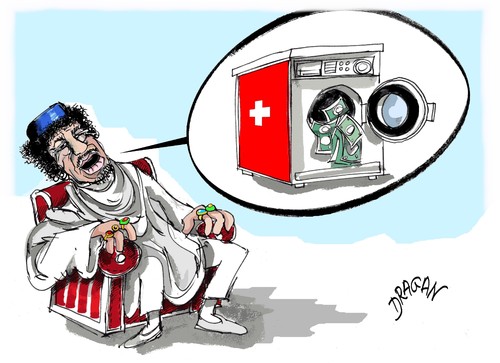 Cartoon: Muamar Gadafi (medium) by Dragan tagged muamar,gadafi,libia,suiza,confederacion,helvetica,der,spiegel,politics,cartoon