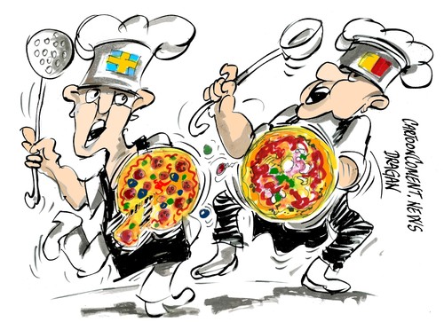 Cartoon: Napoles-Verona-racismo culinario (medium) by Dragan tagged napoles,verona,pizza,italia,gambero,rosso