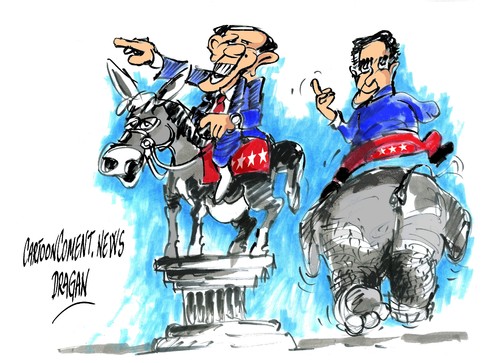 Cartoon: Obama-Mitt-acuerdo presupuestari (medium) by Dragan tagged mitt,romney,barack,obama,republicanos,democratas,presupuestos,acuerdo,politics,cartoon