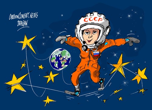 Cartoon: Valentina Tereshkova-medio siglo (medium) by Dragan tagged valentina,tereshkova,rusia,cosmonauta,vostok,cartoon