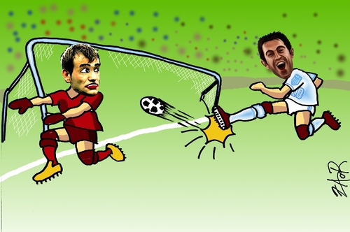 Cartoon: special kick (medium) by johnxag tagged johnxag,karagounis,football,greek,goal