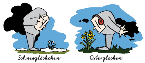 Cartoon: Lärmender Frühlingsanfang (medium) by jen-sch tagged ohrenschutz,lärmschutz,april,märz,schneeglöckchen,osterglocken,frühlingsanfang,frühling,lärm