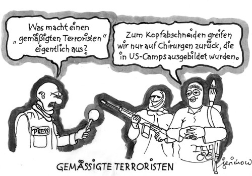 Cartoon: Gemäßigte Terroristen (medium) by jerichow tagged massaker,camps,us,ausbilden,aufrüsten,luftschläge,einladung,iran,krieg,frankreich,usa,russland,ukraine,nahostkonflikt,syrien,alnusra,isis,is,waffenlieferungen,israel,regierungstruppen,assad,flüchtlinge,is,isis,alnusra,syrien,nahostkonflikt,ukraine,russland,usa,frankreich,krieg,iran,einladung,luftschläge,aufrüsten,ausbilden,us,camps,massaker,flüchtlinge,assad,regierungstruppen,israel,waffenlieferungen