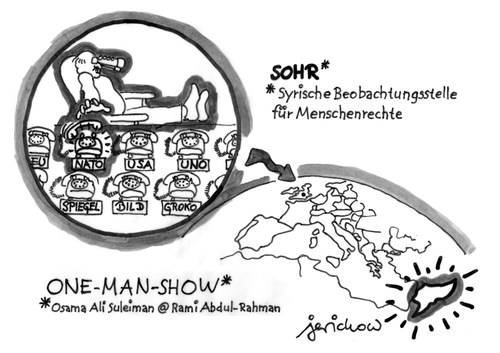 Cartoon: One-Man-Show (medium) by jerichow tagged betrug,volksverdummung,fehlinformation,vertrauenswürdigkeit,glaubwürdigkeit,berichterstattung,objektivität,assad,betrug,volksverdummung,fehlinformation,vertrauenswürdigkeit,glaubwürdigkeit,berichterstattung,objektivität,assad