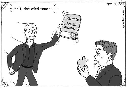 Cartoon: Koreaner können es nicht lassen (medium) by TDT tagged apple,samsung,patentstreit,patente,designmuster,iphone,smartphone,tim,cook,lee,kun,hee,apfel,runde,ecken,klage,justiz