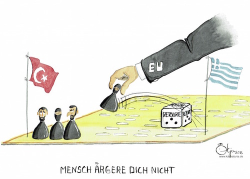 Cartoon: Flüchtlingspakt (medium) by Bernd Ötjen tagged flüchtlingspakt,abkommen,flüchtlingspaket,flüchtlingsrückführung,türkei,griechenland,europäische,union,mensch,ärgere,dich,nicht,brettspiel,eu,mitglieder,illegal,übersetzen,würfel,bürgerkriegsland,flüchtlinge,obergrenze,rücknahme