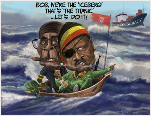 Cartoon: The Icebergs! (medium) by Fred Makubuya tagged titanic,museveni,mugabe,issues,politics,democracy,africa