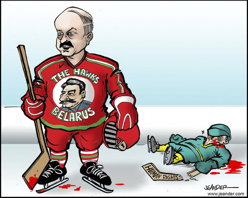 Cartoon: Alexandre Lukachenko (medium) by jeander tagged rights,human,freedom,hockeyplayer,lukachenko,alexsander,alexamdre,president,president,lukachenko,hockey,sport,menschenrechte,belarus