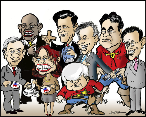 Cartoon: US presidential election 2012 (medium) by jeander tagged us,election,president,campaign,candidates,republicans,republican,party,ron,paul,herman,cain,michele,bachmann,mitt,romney,newt,gingrich,jon,huntsman,rick,perry,och,santorum,wahlen,wahl,republikaner,usa