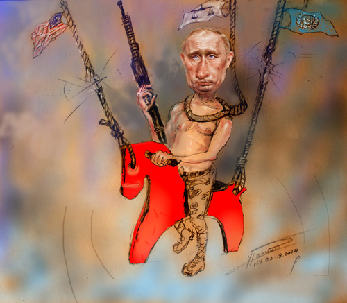 Cartoon: Putin in a Suicidal Game (medium) by ylli haruni tagged un,usa,war,russia,crimea,vladimir,game,suicidal,in,putin,ukraine