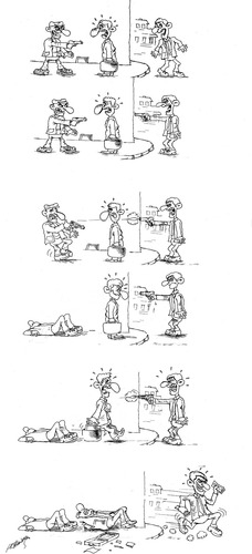 Cartoon: a history of violence (medium) by hakanipek tagged murder,extortion,thief,savior,violence