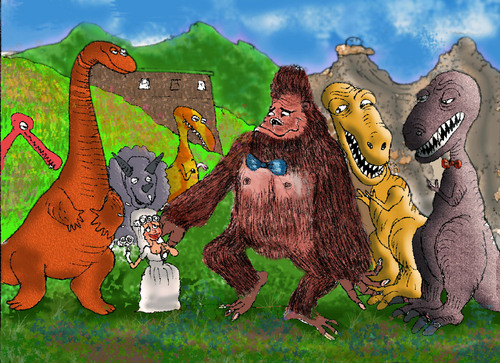 Cartoon: the wedding of the year (medium) by hakanipek tagged love,marriage,celebritie,animals,monsters,creatures,gorillas,dinosaurs,the