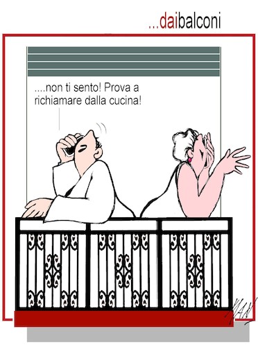 Cartoon: dai balconi (medium) by Enzo Maneglia Man tagged vignette,umorismo,grafico,periodo,coronavirus,balconi,comunicanti,fighillearte,piccolomuseo,fighille,it,maneglia,man