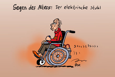 Cartoon: Der elektrische Stuhl (medium) by rene tagged rollstuhl,alter,stuhl,altersheim