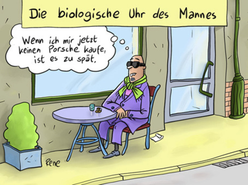 Cartoon: Die biologische Uhr des Mannes (medium) by rene tagged biologische,uhr,kinderwunsch,mutterschaft,mann,gleichberechtigung,porsche,auto,wunsch,sehnsucht