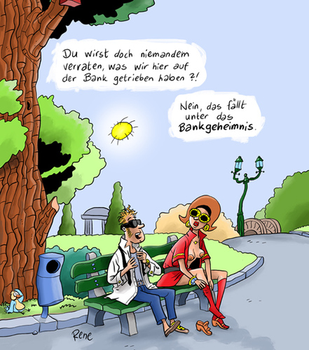 Cartoon: Ds Bankgeheimnis (medium) by rene tagged bank,geld,bankgeheimnis,steuerflucht,erotik,frau,mann,parkt
