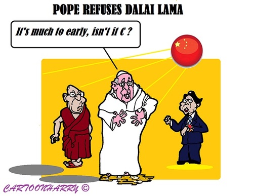 Cartoon: Anxious Pope (medium) by cartoonharry tagged vatican,rome,pope,dalailama,anxious,china