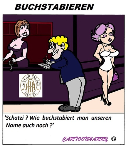 Cartoon: Buchstabieren (medium) by cartoonharry tagged hotel,rezeption,name,buchstabieren,sexy,cartoon,cartoonist,cartoonharry,dutch,holland,deutsch,toonpool