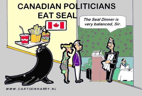 Cartoon: Canadians Eat Seal (medium) by cartoonharry tagged seaal,cartoonharry,cartoon,canadian,politicians
