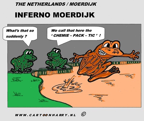 Cartoon: Inferno (medium) by cartoonharry tagged deviantart,disaster,linkedin,hyves,facebook,toonsup,toonpool,moerdijk,holland,dutch,cartoonharry,cartoonist,drawing,arts,art,artist,cartoon,poison,water,fire,chemical,chemics,inferno,frogs