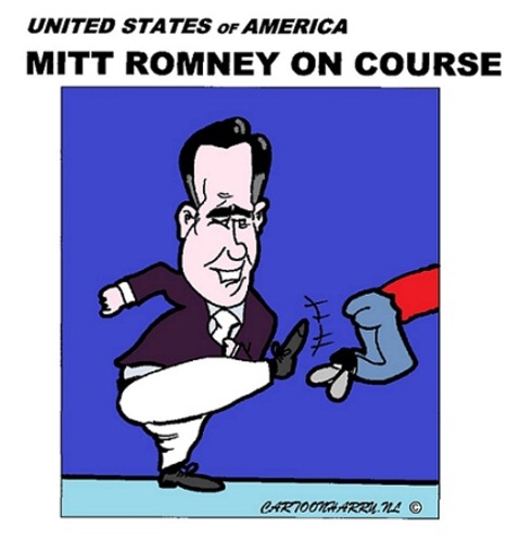 Cartoon: Mitt Romney on Course (medium) by cartoonharry tagged mittromney,mitt,romney,usa,elections,tour,caricatire,cartoon,cartoonist,cartoonharry,dutch,toonpool