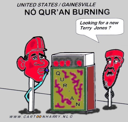 Cartoon: No Koran Burning (medium) by cartoonharry tagged match,red,heads,obama,osama,burning,cartoonharry