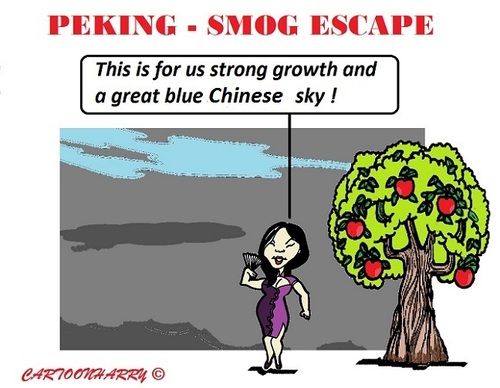 Cartoon: Smog Escape (medium) by cartoonharry tagged cartoonharry,cartoonists,cartoons,sky,blue,air,tree,chinesegirl,escape,smog,beijin,china,dutch,toonpool