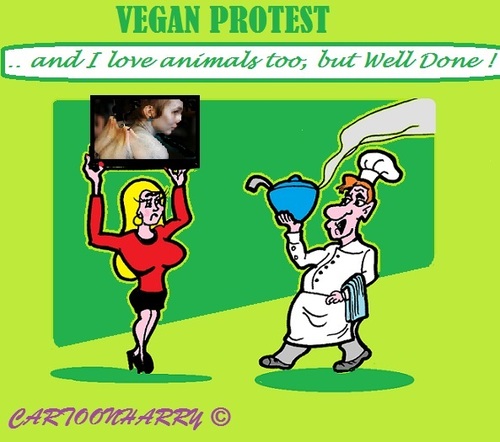 Cartoon: Well Done (medium) by cartoonharry tagged animals,cook,welldone,meat,vegatarians,protest