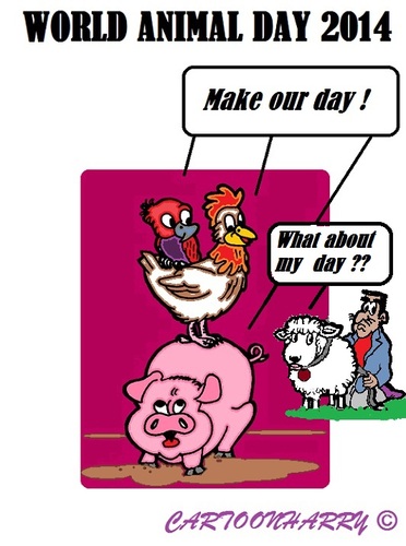 Cartoon: World Animal Day 2014 (medium) by cartoonharry tagged world,animals,pig,chicken,parrot,lamb,muslims