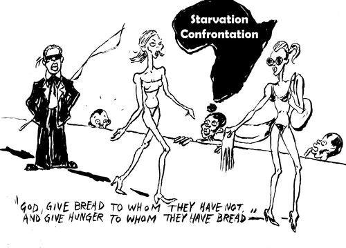 Cartoon: Starvation Confrontation (medium) by Zombi tagged karl,lagerfeld,cartoon,starvation,model,africa,style