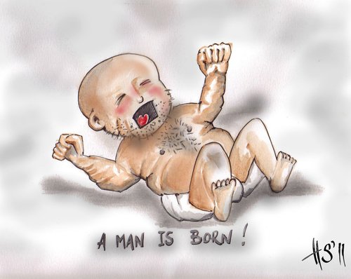 Cartoon: A Man Is Born! (medium) by joschoo tagged man,crying,baby,hair,growing,evolution