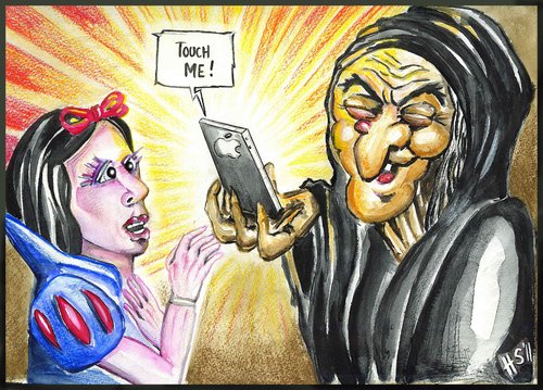 Cartoon: The wicked witch and Snow White (medium) by joschoo tagged witch,wicked,white,snow,mac,seduction,poison,pad,touch,iphone,apple
