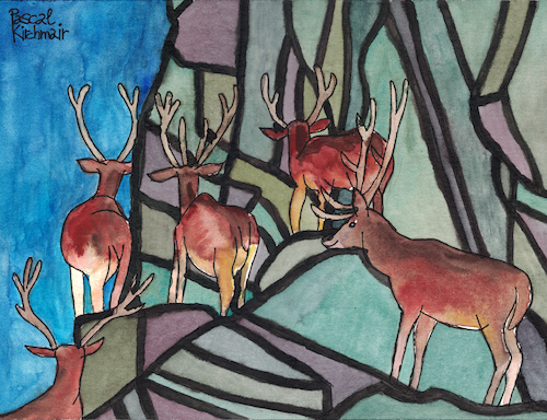 Cartoon: Deer in the mountains (medium) by Pascal Kirchmair tagged hirsche,rotwild,cervo,cervi,ciervos,cervos,ciervo,cerf,cerfs,deer,mountain,mountains,gebirge,berge,gemälde,painting,peinture,pittura,pintura,dipinto,alpine,alpen,dibuix,illustration,drawing,zeichnung,pascal,kirchmair,ilustracion,dibujo,desenho,disegno,ilustracao,illustrazione,illustratie,dessin,du,jour,art,of,the,day,tekening,teckning,watercolor,watercolour,aquarell,aquarelle,acquerello,acquarella,acuarela,aguarela,aquarela,alps,alpes,alpi,hirsche,rotwild,cervo,cervi,ciervos,cervos,ciervo,cerf,cerfs,deer,mountain,mountains,gebirge,berge,gemälde,painting,peinture,pittura,pintura,dipinto,alpine,alpen,dibuix,illustration,drawing,zeichnung,pascal,kirchmair,ilustracion,dibujo,desenho,disegno,ilustracao,illustrazione,illustratie,dessin,du,jour,art,of,the,day,tekening,teckning,watercolor,watercolour,aquarell,aquarelle,acquerello,acquarella,acuarela,aguarela,aquarela,alps,alpes,alpi