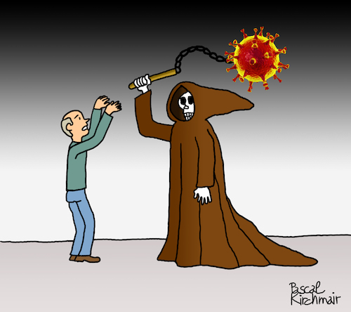 Cartoon: Grim reaper (medium) by Pascal Kirchmair tagged pandemie,pandemic,pandemia,corona,covid19,19,covid,coronavirus,malattie,malattia,maladie,enfermedad,malady,sick,sickness,illness,disease,virus,tod,erkrankung,muerte,death,mort,morte,illustration,drawing,zeichnung,pascal,kirchmair,political,cartoon,caricature,karikatur,ilustracion,dibujo,desenho,ink,disegno,ilustracao,illustrazione,illustratie,dessin,de,presse,du,jour,art,of,the,day,tekening,teckning,cartum,vineta,comica,vignetta,caricatura,politiker,italy,italia,italien,italie,rome,vaffanculo,politica,angst,paura,peur,fear,temor,miedo,skelett,squelette,skeleton,esqueleto,scheletro,epidemie,morgenstern,gevatter,grim,reaper,sensenmann,mace,pandemie,pandemic,pandemia,corona,covid19,19,covid,coronavirus,malattie,malattia,maladie,enfermedad,malady,sick,sickness,illness,disease,virus,tod,erkrankung,muerte,death,mort,morte,illustration,drawing,zeichnung,pascal,kirchmair,political,cartoon,caricature,karikatur,ilustracion,dibujo,desenho,ink,disegno,ilustracao,illustrazione,illustratie,dessin,de,presse,du,jour,art,of,the,day,tekening,teckning,cartum,vineta,comica,vignetta,caricatura,politiker,italy,italia,italien,italie,rome,vaffanculo,politica,angst,paura,peur,fear,temor,miedo,skelett,squelette,skeleton,esqueleto,scheletro,epidemie,morgenstern,gevatter,grim,reaper,sensenmann,mace