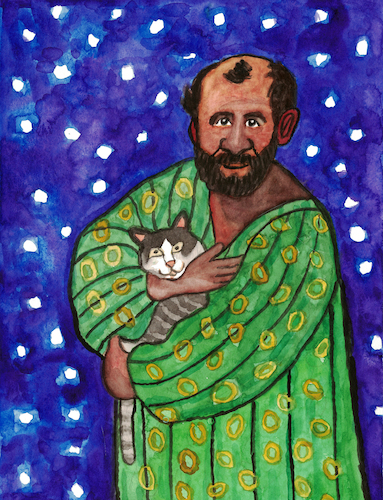 Cartoon: Gustav Klimt mit Katze (medium) by Pascal Kirchmair tagged gustav,klimt,jugendstil,art,nouveau,arte,nova,modernista,artist,artiste,artista,kunst,künstler,illustration,drawing,zeichnung,pascal,kirchmair,cartoon,caricature,karikatur,ilustracion,dibujo,desenho,ink,disegno,ilustracao,illustrazione,illustratie,dessin,de,presse,du,jour,of,the,day,tekening,teckning,cartum,vineta,comica,vignetta,caricatura,portrait,porträt,portret,retrato,ritratto,wien,vienna,vienne,viena,watercolor,watercolour,aquarelle,acuarela,acquerello,acquarello,aguarela,aquarela,gustav,klimt,jugendstil,art,nouveau,arte,nova,modernista,artist,artiste,artista,kunst,künstler,illustration,drawing,zeichnung,pascal,kirchmair,cartoon,caricature,karikatur,ilustracion,dibujo,desenho,ink,disegno,ilustracao,illustrazione,illustratie,dessin,de,presse,du,jour,of,the,day,tekening,teckning,cartum,vineta,comica,vignetta,caricatura,portrait,porträt,portret,retrato,ritratto,wien,vienna,vienne,viena,watercolor,watercolour,aquarelle,acuarela,acquerello,acquarello,aguarela,aquarela