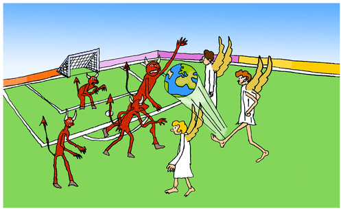 Cartoon: The Final (medium) by Pascal Kirchmair tagged angels,devils,böse,gegen,gut,evil,good,game,soccer,fußballspiel,teufel,engel