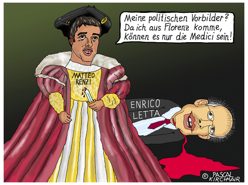 Cartoon: Matteo Renzi (medium) by Pascal Kirchmair tagged partito,democratico,ministerpräsident,florenz,medici,matteo,renzi,enrico,letta,cartoon,caricature,karikatur,italien,italia,politik,rücksichtslosigkeit,erbarmungslos,partito,democratico,ministerpräsident,florenz,medici,matteo,renzi,enrico,letta,cartoon,caricature,karikatur,italien,italia,politik,rücksichtslosigkeit,erbarmungslos