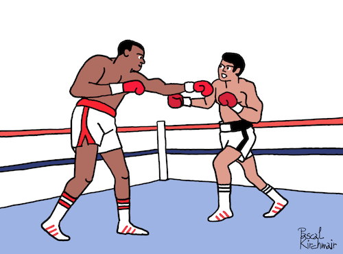 Cartoon: Muhammed Ali vs. Larry Holmes (medium) by Pascal Kirchmair tagged larry,holmes,boxer,muhammed,ali,cassius,clay,boxeur,boxing,heavy,weight,championship,dibuix,illustration,drawing,zeichnung,pascal,kirchmair,cartoon,caricature,karikatur,ilustracion,dibujo,desenho,ink,disegno,ilustracao,illustrazione,illustratie,dessin,de,presse,du,jour,art,of,the,day,tekening,teckning,cartum,vineta,comica,vignetta,caricatura,champion,schwergewicht,schwergewichtsweltmeister,boxeador,pugil,pugilista,pugile,pugilatore,larry,holmes,boxer,muhammed,ali,cassius,clay,boxeur,boxing,heavy,weight,championship,dibuix,illustration,drawing,zeichnung,pascal,kirchmair,cartoon,caricature,karikatur,ilustracion,dibujo,desenho,ink,disegno,ilustracao,illustrazione,illustratie,dessin,de,presse,du,jour,art,of,the,day,tekening,teckning,cartum,vineta,comica,vignetta,caricatura,champion,schwergewicht,schwergewichtsweltmeister,boxeador,pugil,pugilista,pugile,pugilatore