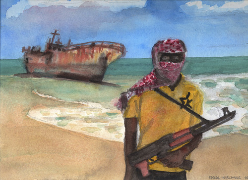 Cartoon: Somalischer Pirat (medium) by Pascal Kirchmair tagged watercolour,aquarell,somalia,pirat