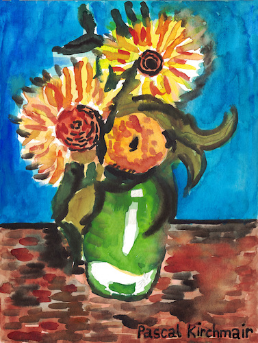 Cartoon: Three Sunflowers in a Vase (medium) by Pascal Kirchmair tagged pascal,kirchmair,vincent,van,gogh,sonnenblumen,sunflowers,vase,tournesols,girasoles,girasoli,watercolor,aquarell,painting,dipinto,cuadro,quadro,pascal,kirchmair,vincent,van,gogh,sonnenblumen,sunflowers,vase,tournesols,girasoles,girasoli,watercolor,aquarell,painting,dipinto,cuadro,quadro