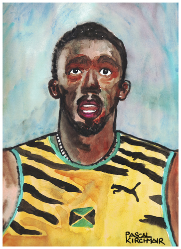 Cartoon: Usain Bolt (medium) by Pascal Kirchmair tagged usain,bolt,jamaica,cartoon,caricature,portrait,illustration,pascal,kirchmair,karikatur,dibujo,desenho,disegno,cuadro,dessin,zeichnung,quadro,aquarell,watercolour,usain,bolt,jamaica,cartoon,caricature,portrait,illustration,pascal,kirchmair,karikatur,dibujo,desenho,disegno,cuadro,dessin,zeichnung,quadro,aquarell,watercolour